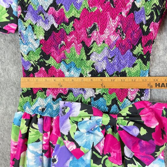 80s Act I New York Floral Drop Waist Dress Shoulder Pads Big Bow 6 Smock Taffeta - Picture 11 of 12